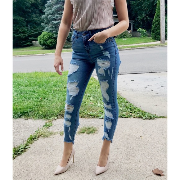 Denim - Distressed High Waist Medium Skinny Jeans ankle